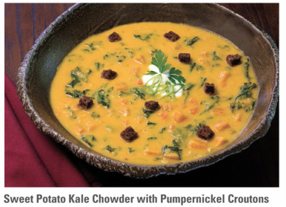 Sweet Potato Kale Chowder with Pumpernickel Croutons
